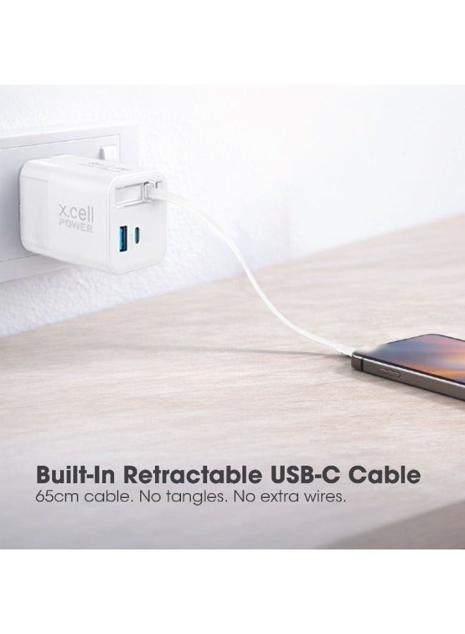 Xcell 65W GaN II USB-C Fast Charger with 65cm Retractable Cable, 3-Port Fast Charging (2 USB-C PD + USB-A QC 3.0), PPS Support, Compact Wall Charger for iPhone 16/17, Samsung & USB-C Devices, White - Image 5